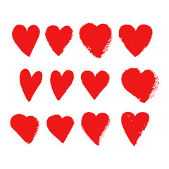 Vector ink pink heart logo, shape, symbol on Happy Valentines Day. Set of silhouette hearts in grunge style