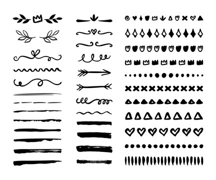 Hand drawn borders, brackets, swirls, dividers set. Vector ink brush elements with heart, arrow, crown, stroke.