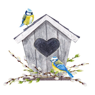 Watercolor Birdhouse With Birds