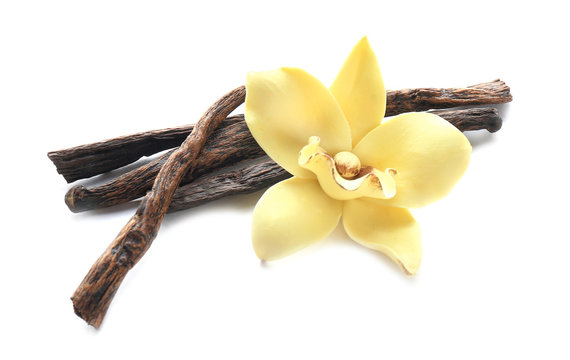 Vanilla Sticks And Flower On White Background