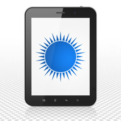 Travel concept: Tablet Computer with  blue Sun icon on display,  Tag Cloud background, 3D rendering