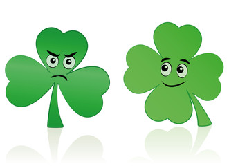 Clover leaf and shamrock comic faces - happy smiling and angry figure.