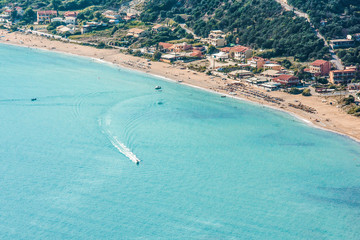 Aerial view of Corfu island coastline. Greece