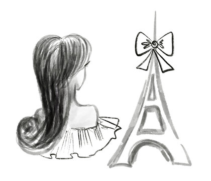 Colorful hand drawn bright silhouette of girl back and Eiffel Tower with bow on white background, isolated cartoon love illustration for greeting card painted by watercolor on canvas, high quality