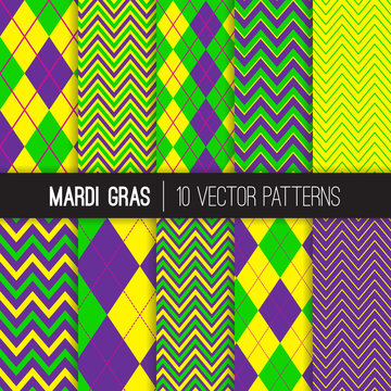 Mardi Gras Argyle and Chevron Seamless Vector Patterns. New Orleans Carnival Style Backgrounds in Violet, Purple, Lime Green and Yellow. Pattern Tile Swatches Included.