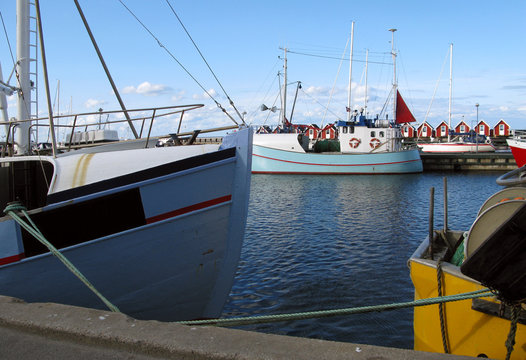 Laesoe / Denmark: Traditional fishing cutters moored in the small fishing port of Vesteroe Havn