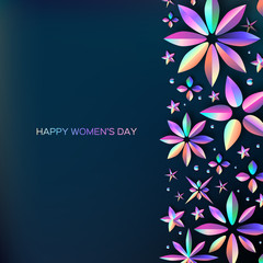 Bright Holographic Flowers. Happy Womens Day. International 8 March. Trendy Mothers Day. Modern Paper cut Futuristic Floral Greetings card. Trendy Spring blossom decoration. Text. Holidays.