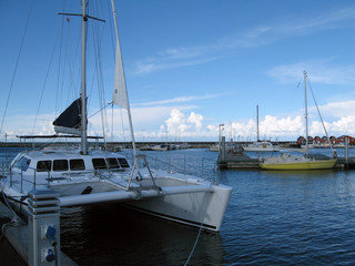 Laesoe / Denmark: View over the small harbor in Vesteroe Havn on a late afternoon in August