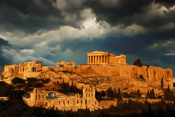 Acropolis with cloudy sky as background, Athens, Greece.