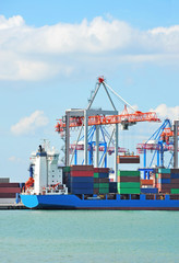 Fototapeta premium Port cargo crane, ship and container