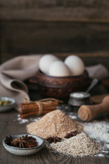 Ingredients for cooking bread or cookies: bran, flour and spices