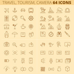Travel, tourism, summer holidays and vacations outline icons. Photo, video camera linear symbols. The luggage, open-air restaurant, picnic, forest, sea, camp, hiking. Vector thin line sign, icon set.