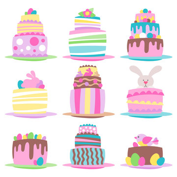 Colorful easter cakes set vector illustration.