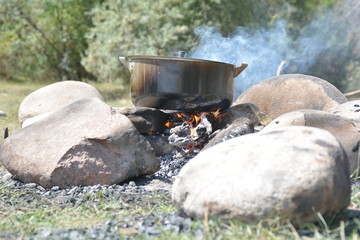 Pan on wooden fire