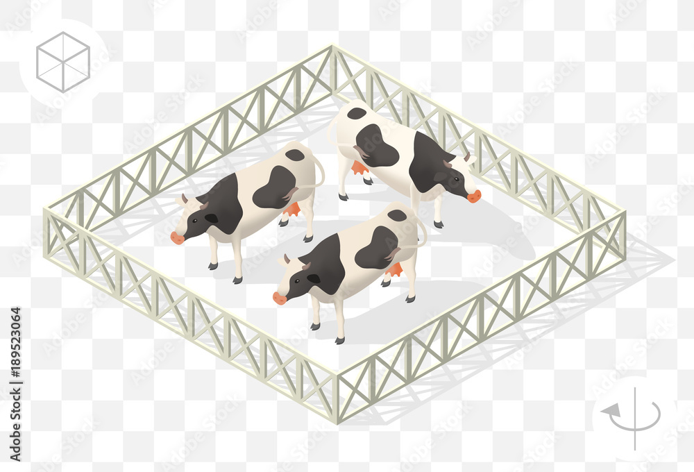 Poster set of isolated isometric minimal city elements . cows with shadows on transparent background