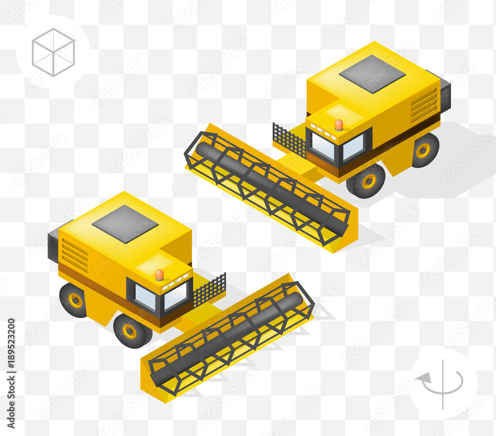 Poster set of isolated isometric minimal city elements . harvester with shadows on transparent background