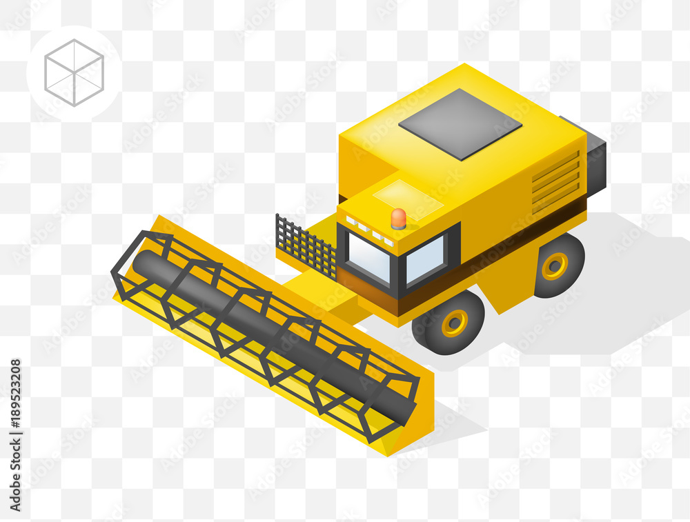 Poster set of isolated isometric minimal city elements . harvester with shadows on transparent background
