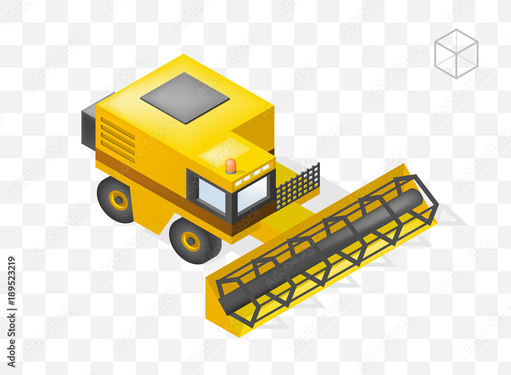 Poster set of isolated isometric minimal city elements . harvester with shadows on transparent background