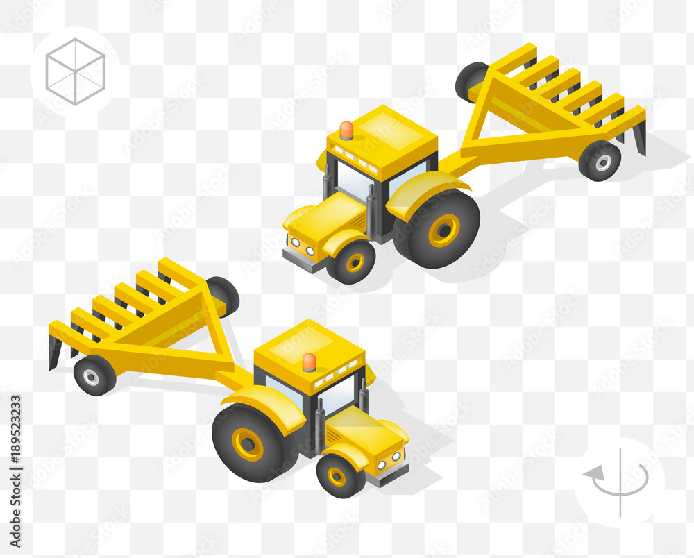 Poster set of isolated isometric minimal city elements . tractor with shadows on transparent background