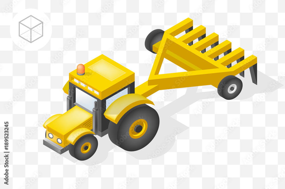Poster set of isolated isometric minimal city elements . tractor with shadows on transparent background