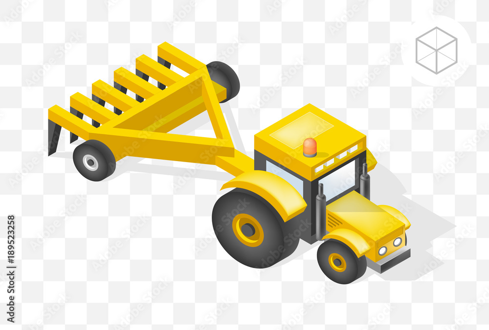 Poster set of isolated isometric minimal city elements . tractor with shadows on transparent background