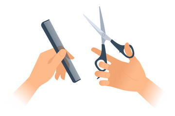 Woman's hands with hairstyle accessories: comb, scissors. Flat vector illustration of female hands holding hairdressing black comb and professional haircutting scissors isolated on white background.