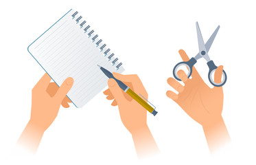 Businessman's hands with office supplies: paper notebook, pen, scissors. Vector illustration of human hands holding various business accessories. Flat design elements isolated on white background.