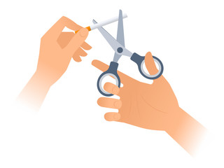 Human hand is using a scissors to cut a cigarette. Flat illustration of steel office shears cutting a smoke off to stop bad habit. Vector healthy lifestyle and quitting concept isolated on white.