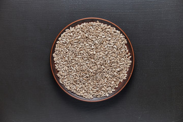 Sunflower seeds in a plate on a black background, top view.