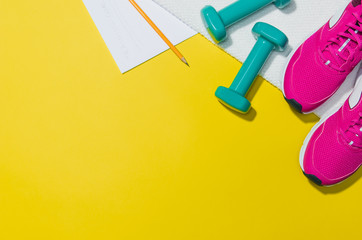 Fitness accessories, healthy and active lifestyles concept background with copy space for text. Products with vibrant, punchy pastel colours and frame composition. Image taken from above, top view.
