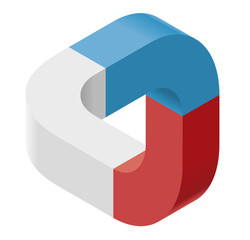 Abstract curved vector shape reminiscent of technological development, nanotechnology component. Isometric brand of scientific institution, research center, laboratories, spatial paradox.