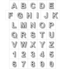 letters and numbers 3D silver isolated on white with shadow - orthogonal projection