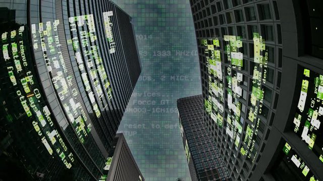 tokyo city timelapse with data and computer programming information mapped onto each building face