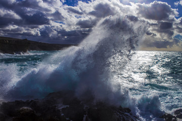 Waves splashing in gale force winds
