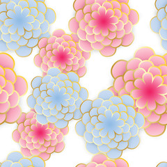 Seamless elegant nature background. Floral pattern with stylized summer 3d flowers. Floral stylish modern wallpaper. Paper art design, golden lines. Vector illustration