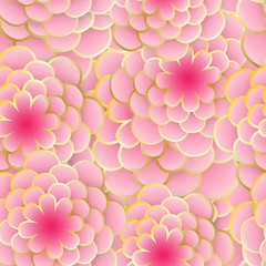 Seamless elegant nature background. Floral pattern with stylized summer 3d flowers. Floral stylish modern wallpaper. Paper art design, golden lines. Vector illustration
