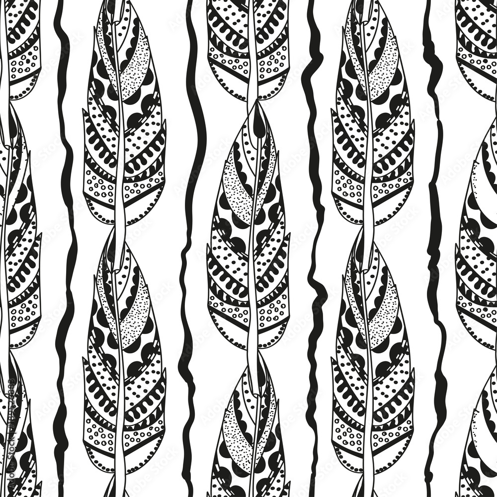 Poster vintage seamless pattern with tribal elements. vector illustration with feathers and scribbled lines