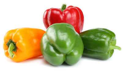 green, red, yellow sweet bell peppers isolated on white background