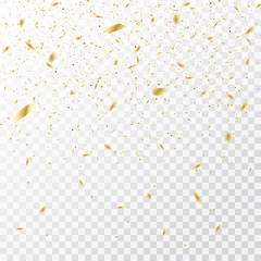 Defocused festive glittering gold confetti isolated on a transparent background, falling gold tiny confetti pieces.