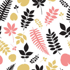 Tropical jungle trendy seamless pattern with exotic palm leaves and berries, leaf branches. Vector spring or summer floral endless background. Ideal for textile