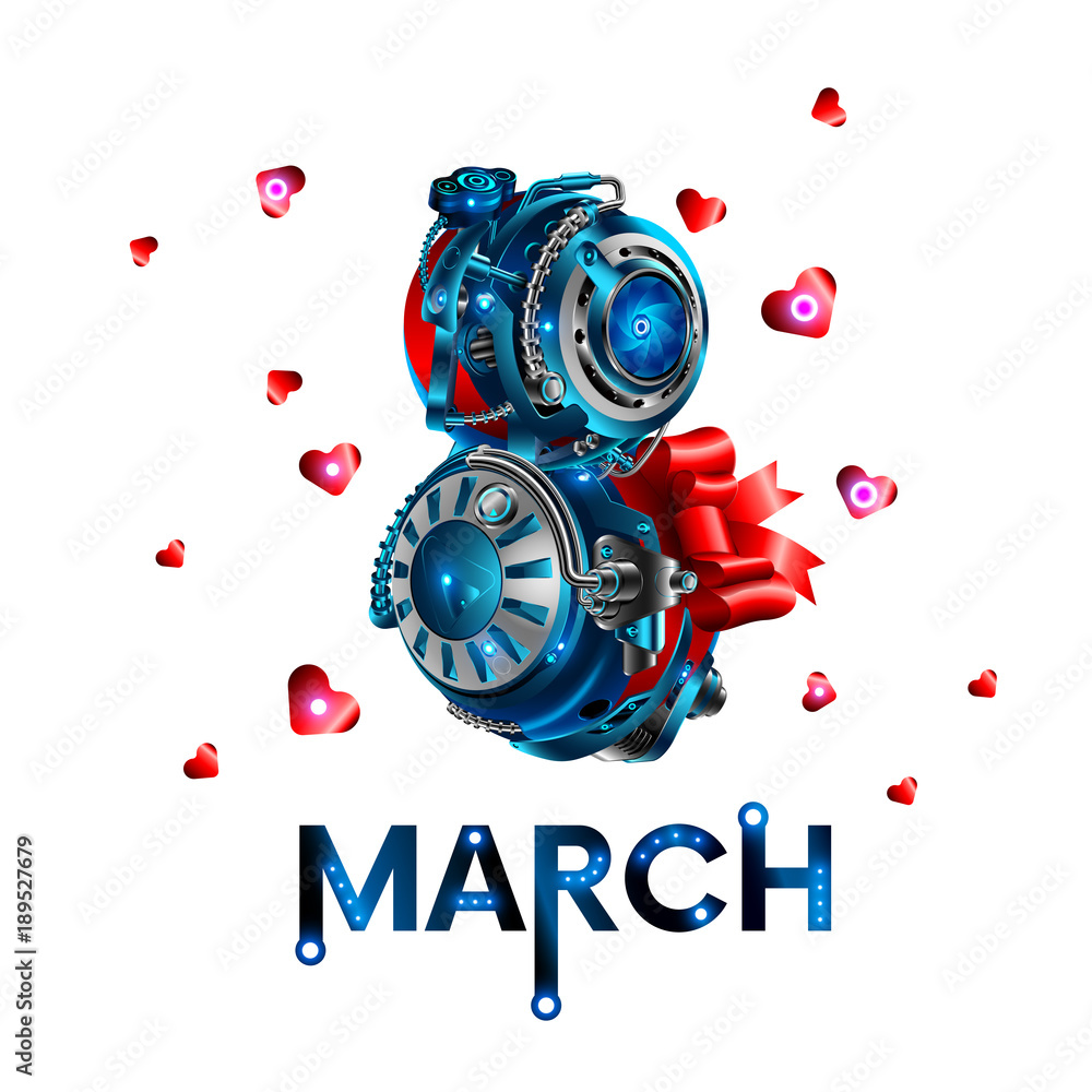 Poster the inscription on march 8 in the style of robotics. template cards for congratulations women in the