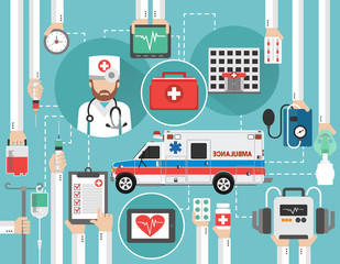 Healthcare flat design with ambulance,hospital,and doctor isolated vector illustration