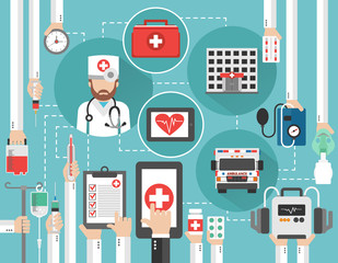 Medical online call flat design with ambulance,hospital,and doctor isolated vector illustration