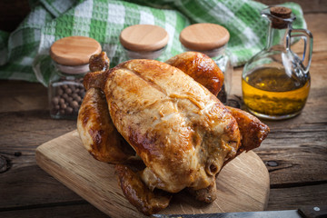 Whole roasted chicken.