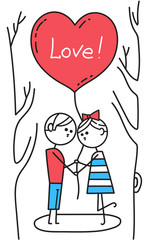 Happy Valentines Card. Guy and girl kiss in park. Lovers holding red heart shaped balloon with inscription Love