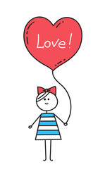 Happy Valentines Card. Girl holding red heart shaped balloon with lettering Love. Illustration for Valentines Day