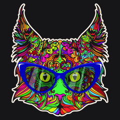 Vector face of cat with glasses. Line art style. Isolated on dark background.