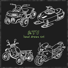 ATV. Hand drawn doodle set. Sketches. Vector illustration for design and packages product.