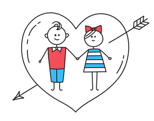 Happy Valentines Card. Loving couple holding hands. Holiday card with heart pierced by arrow. Happy Valentines Card.