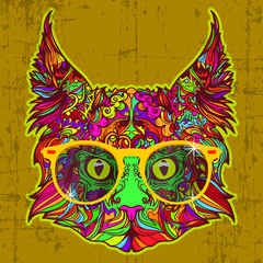 Ornament face of fashion cat with yellow style eyeglasses. Vector illustration isolated on yellow grange background. Line art style.